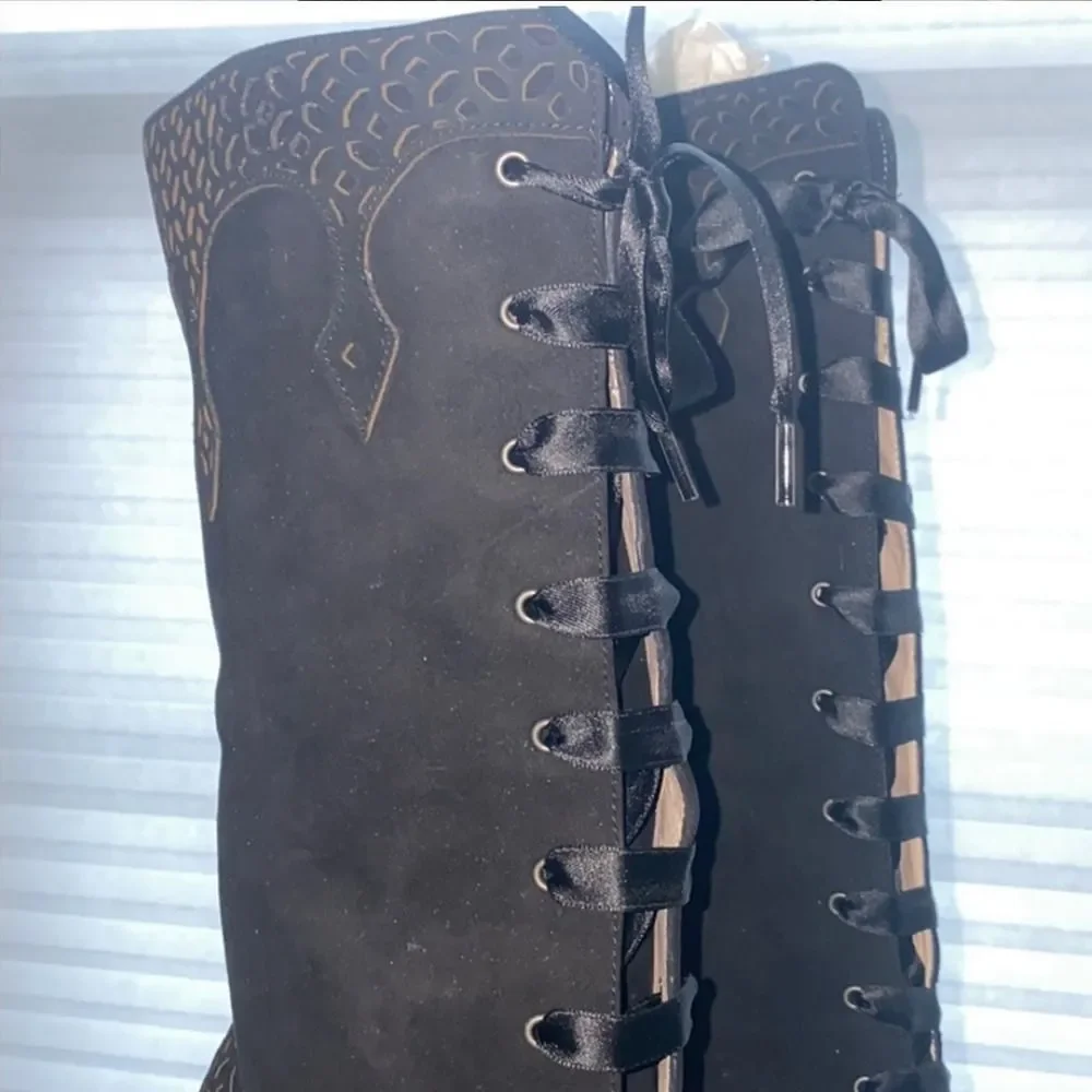 New Marchez Vous Roux Boot Black Suede Sz 7